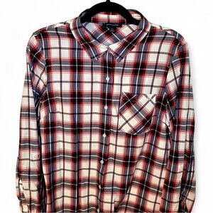 Tommy Hilfiger Women's Adjustable Long Sleeve Plaid Flannel Shirt, size L Preppy